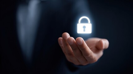 Businessman in suit holding glowing digital padlock symbol in hand, representing cybersecurity and data protection concepts, emphasizing security and trust in technology