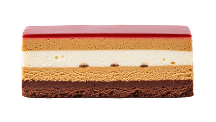 Delicious layered mousse cake isolated PNG on transparent background, featuring chocolate, caramel, vanilla, and red jelly layers, gourmet dessert