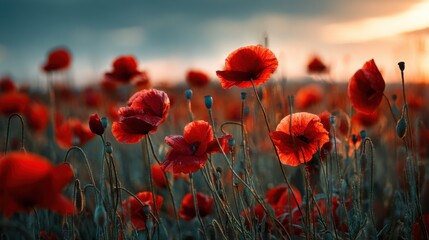 Obraz premium Beautiful red poppy field blooming at sunset with dramatic cinematic lighting and soft bokeh background
