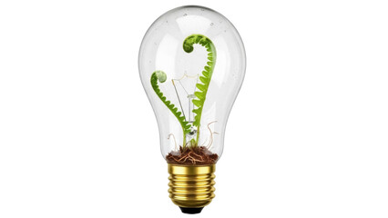 Light bulb with fern inside isolated PNG on transparent background, concept for green energy and environmental conservation