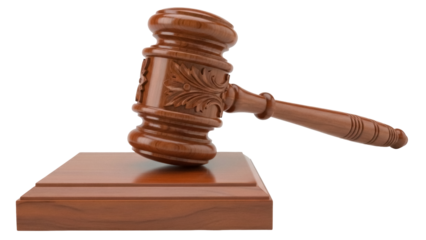 Wooden judge gavel isolated PNG on transparent background, symbol of law and justice for legal decisions and court proceedings