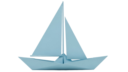 Light blue origami paper boat isolated PNG on transparent background, nautical vessel for kids crafts and summer vacation themes