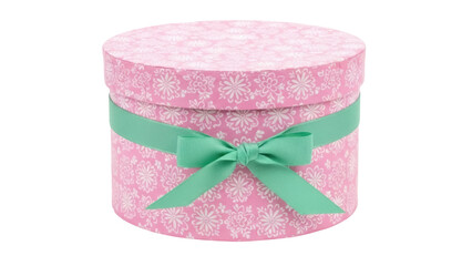 Pink round gift box with floral pattern and green ribbon isolated PNG, present container for birthdays and special occasions on transparent background