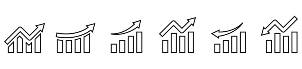 Growth Arrow and Bar Chart Icons. Increase, progress, and business analytics symbols in clean vector style.	