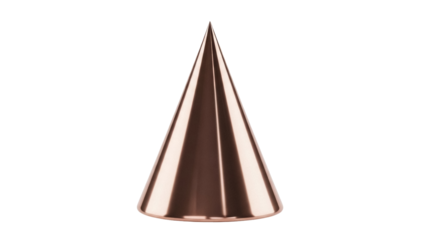 Shiny copper cone isolated PNG on transparent background, metallic 3D shape for graphic design and decoration projects