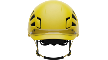 Yellow climbing helmet PNG isolated on transparent background, head protection gear for mountaineering and outdoor sports safety