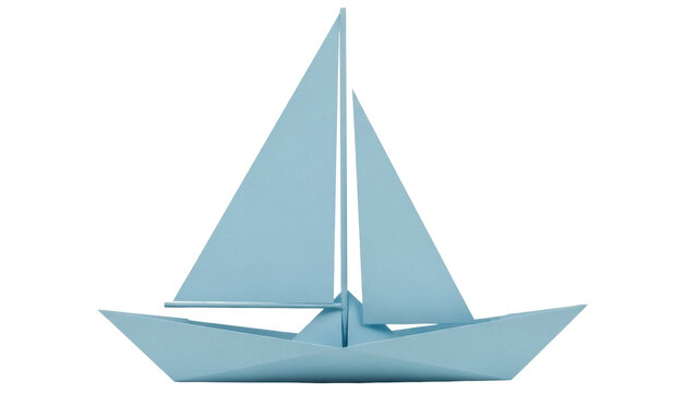 Light blue origami paper boat isolated PNG on transparent background, nautical vessel for kids crafts and summer vacation themes