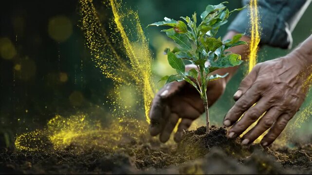 Senior hands planting green sapling in soil with magical golden particles and glowing energy dust for growth concept