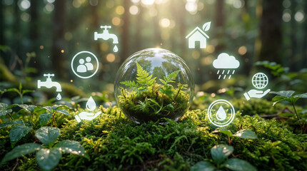 Sustainable water and environmental protection concept with green plants inside glass sphere in forest.