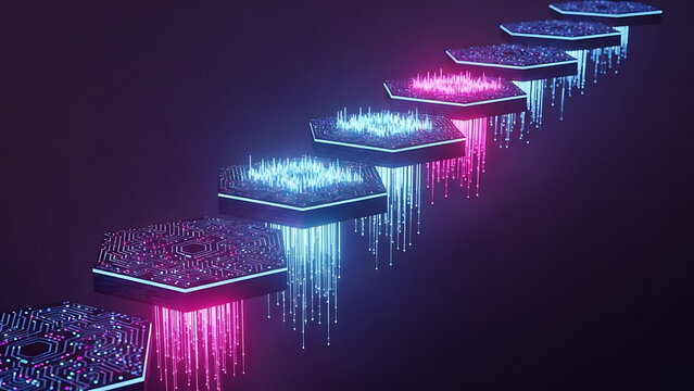 Digital data flow with glowing hexagons and circuits in neon light - Powered by Adobe