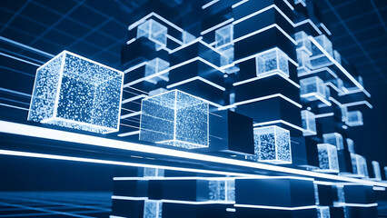 Futuristic digital data network with glowing abstract cubes and lines