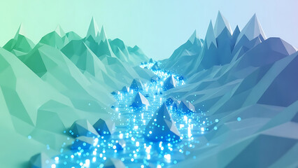 Digital Data Flow Through Low Poly Mountain Landscape Abstract Technology Background