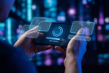 Mobile technology update process on smartphone screen with digital interface and progress bar concept.