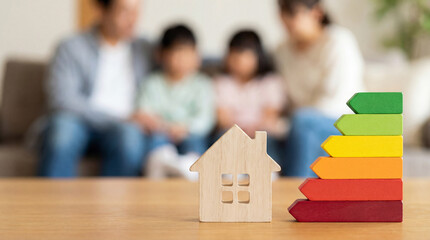 Family home energy efficiency and sustainability concept with house model and rating arrows.