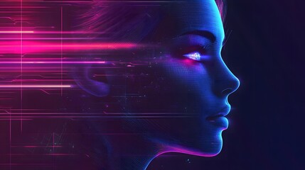Neon visage with digital streams, a vision of future technology interface.