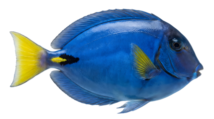 Close-up shot of a blue tang fish with yellow fins and tail swimming on a white background.