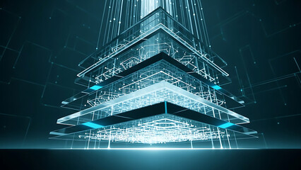Abstract digital data structure representing interconnected network nodes and circuits glowing with blue light