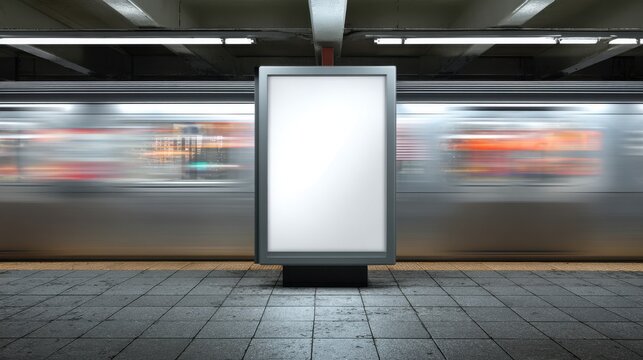 Blank vertical billboard mockup on a subway station platform with a blurred train moving in the background.