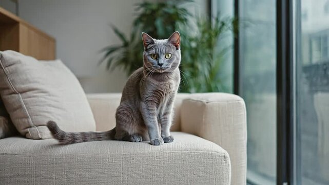 Playful cat exploring indoor sofa and window scene in natural light