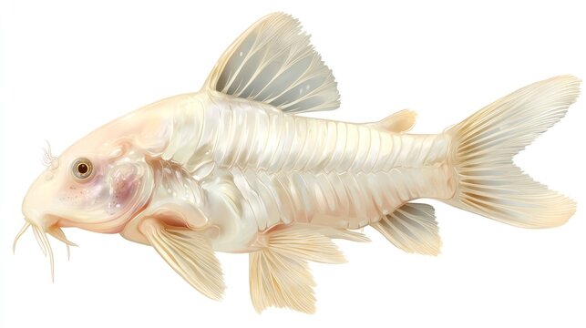 Albino corydoras catfish profile view against white background