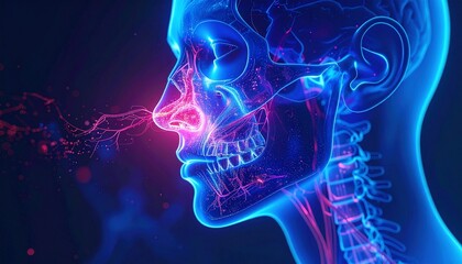 Conceptual digital human head profile in luminous blue, highlighting intricate neural networks and sensory perception within the brain and nasal cavity for scientific study