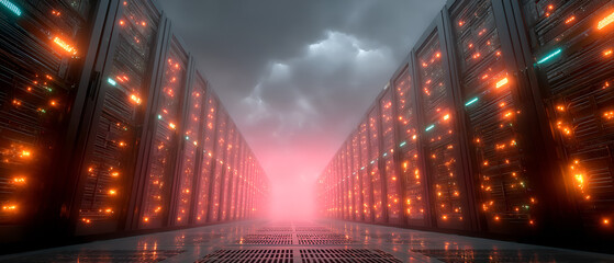 Data Center Servers Row with Bright Lights and Cloudy Sky in Modern Technology Facility
