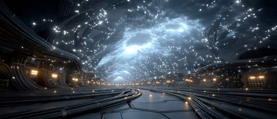 Futuristic Data Network Tunnel with Bright Light Sparks and Dark Metallic Surfaces