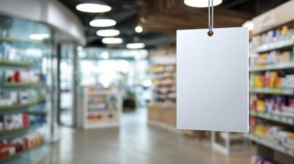 Blank white hanging sign mockup in blurred pharmacy or grocery store background