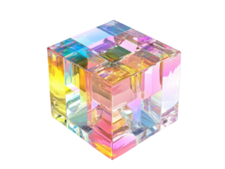 Vibrant crystal cube with colorful reflections on black background