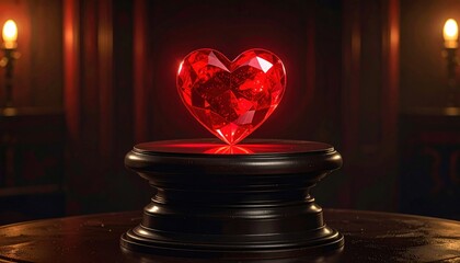 A radiant ruby heart on a pedestal, bathed in warm light.