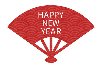 Red Japanese Fan with Seigaiha Pattern and &ldquo;Happy New Year&rdquo; Text