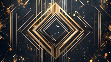 Golden geometric patterns on a dark background create an art deco feel.