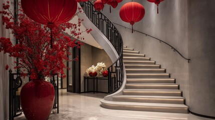 Chinese New Year interior staircase decorated with subtle red details, minimalist luxury aesthetic