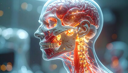 Futuristic digital rendering of the human head, revealing an active, glowing brain and intricate neural network, symbolizing intelligence and technology