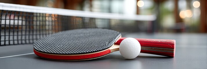 Modern Arrangement of Ping Pong Sports Equipment on Table for Enjoyable Active Leisure Playtime