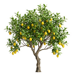 A lemon tree with many yellow lemons and green leaves on a white background in a studio setting.