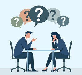Business discussion with question marks, two colleagues debating, problem solving at work, business communication challenge, creative brainstorming session