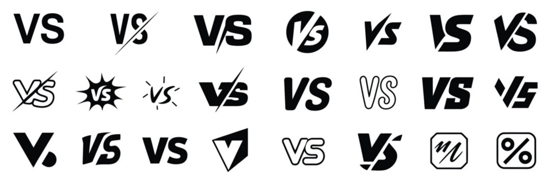 Versus logo for competition and championship, set of versus icons in black, compare template for game, battle and sport, vs letters logo collection, black versus logo letters in clean vector style.