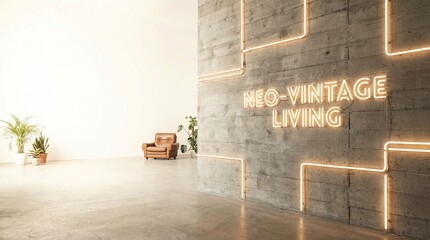 Fototapeta premium Industrial Loft Interior with Neo-Vintage Living Neon Sign and Leather Armchair