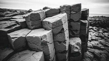 Basalt columns form a geometric rock formation, grey and stark, stretching towards sea