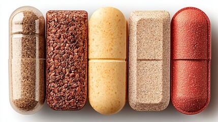 Top flat-lay 5 pills assorted colors & shapes on white, zero shadow hi-res, copy space, perfect for pharmacy e-commerce, health infographic, insurance ad