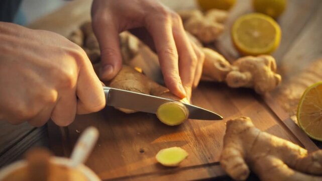 In a bright kitchen, a man's hands skillfully chop fresh ginger rhizome, releasing its pungent aroma, to prepare a nutritious and healing morning drink rich in minerals