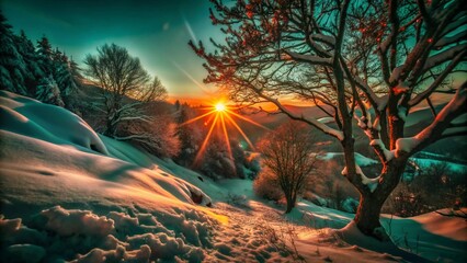 Beautiful Winter Sunset Over Snow-Covered Landscape with Warm Sunlight Rays Shining Through the Trees