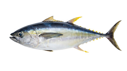 Obraz premium A bluefin tuna fish on a plain white background with a shiny silver and blue body and yellow fins.