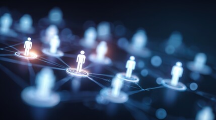 Conceptual social network and digital connectivity with glowing human icons connected by lines on dark background