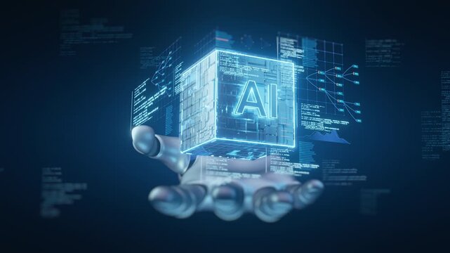 3D render: Robotic hand holding glowing AI cube. Digital data, programming code, charts, graphs background. Represents artificial intelligence, machine learning, future technology, computing