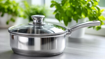 A shiny silver pan with a lid sits on a table next to some potted plants
