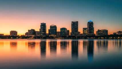 Fototapeta premium City skyline reflects in calm water under a colorful dawn sky