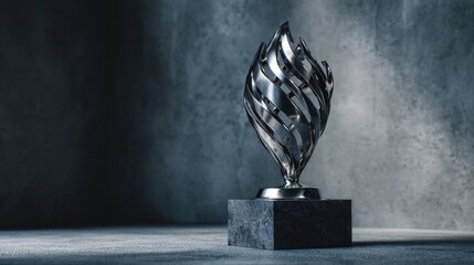 Elegant metallic flame-shaped trophy on a dark textured background