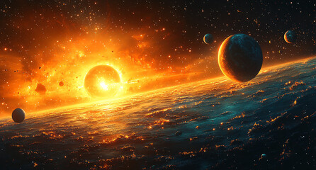 Obraz premium Dramatic Planetary Horizon with Rising Star and Cosmic Debris — Galaxy, Detailed Composition, Conceptual Astrophotography, Impactful Visual